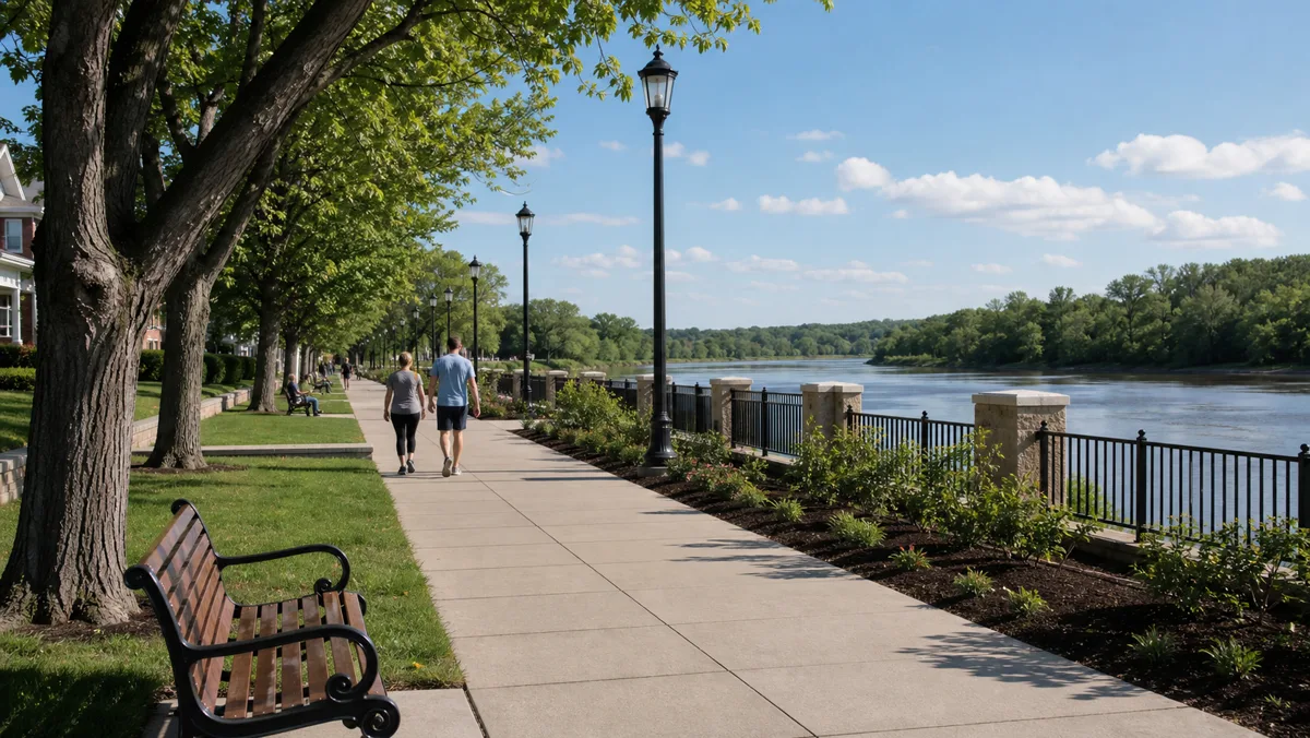 A repaired Bristol riverfront walkway with benches and the Delaware River beyond.