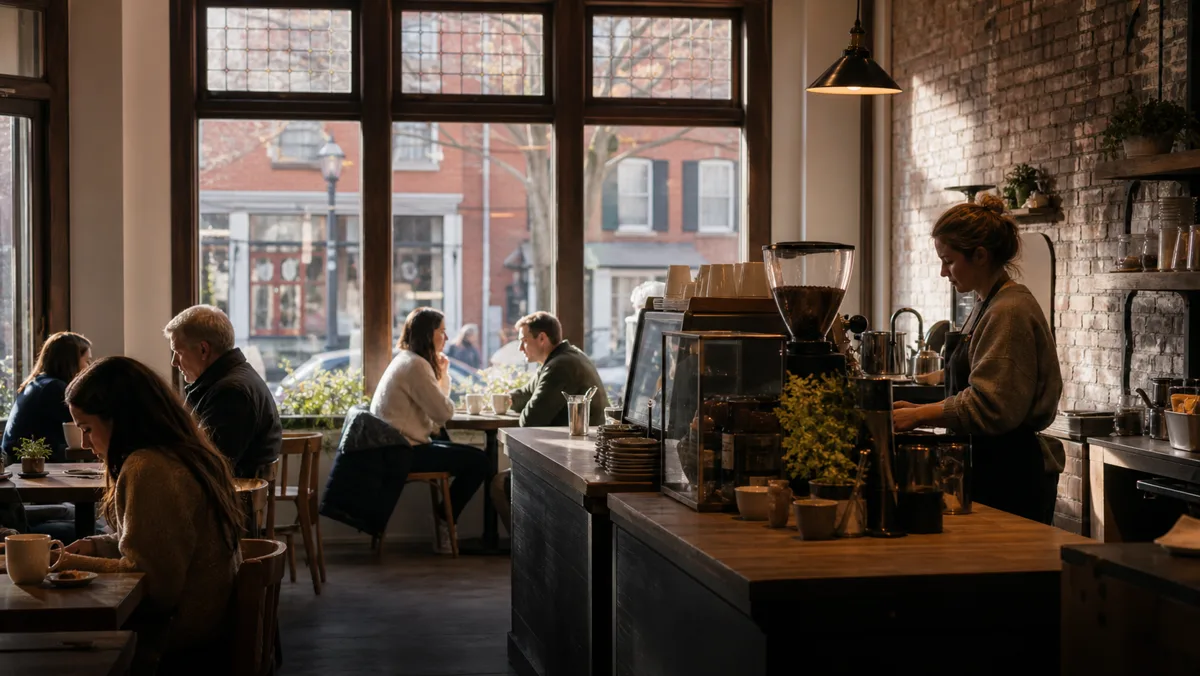 Morning customers inside a warm Doylestown coffee shop.