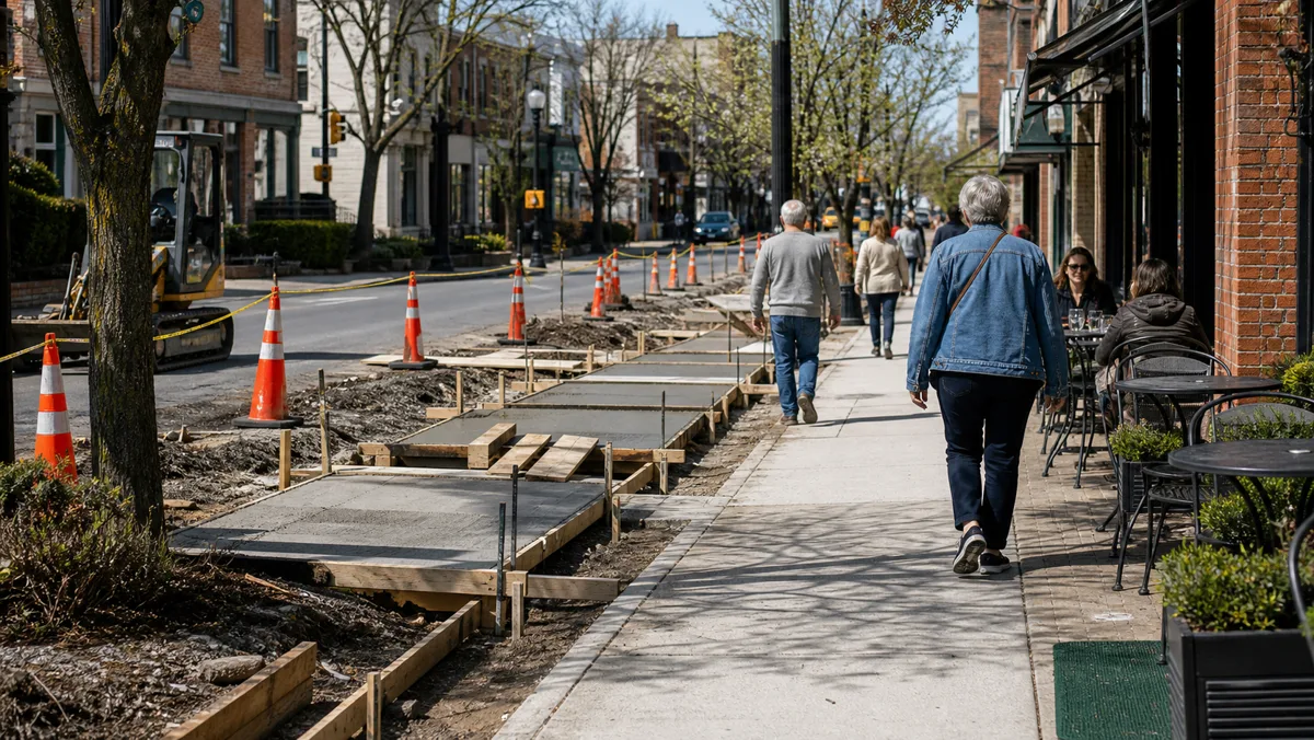 Sidewalk construction cones and concrete forms along a Doylestown main street.