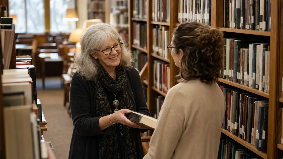 A longtime Bucks County librarian helping a reader in the stacks.
