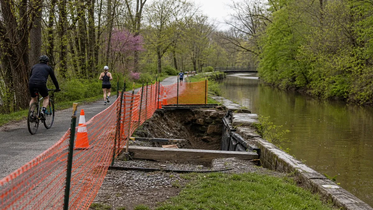 Temporary fencing and repair work along the Delaware Canal towpath near New Hope.
