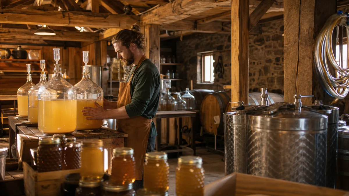 A mead maker working among honey jars and fermentation vessels in a converted barn.