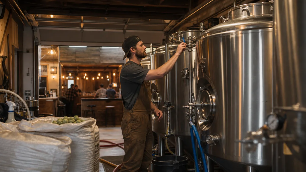 A brewer checking tanks inside a compact Perkasie brewery.