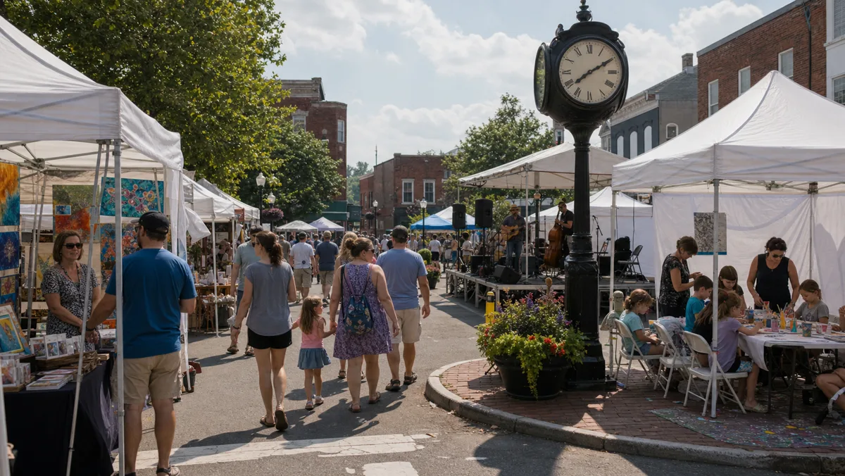 Maker booths and families on a Perkasie borough street during an arts festival.