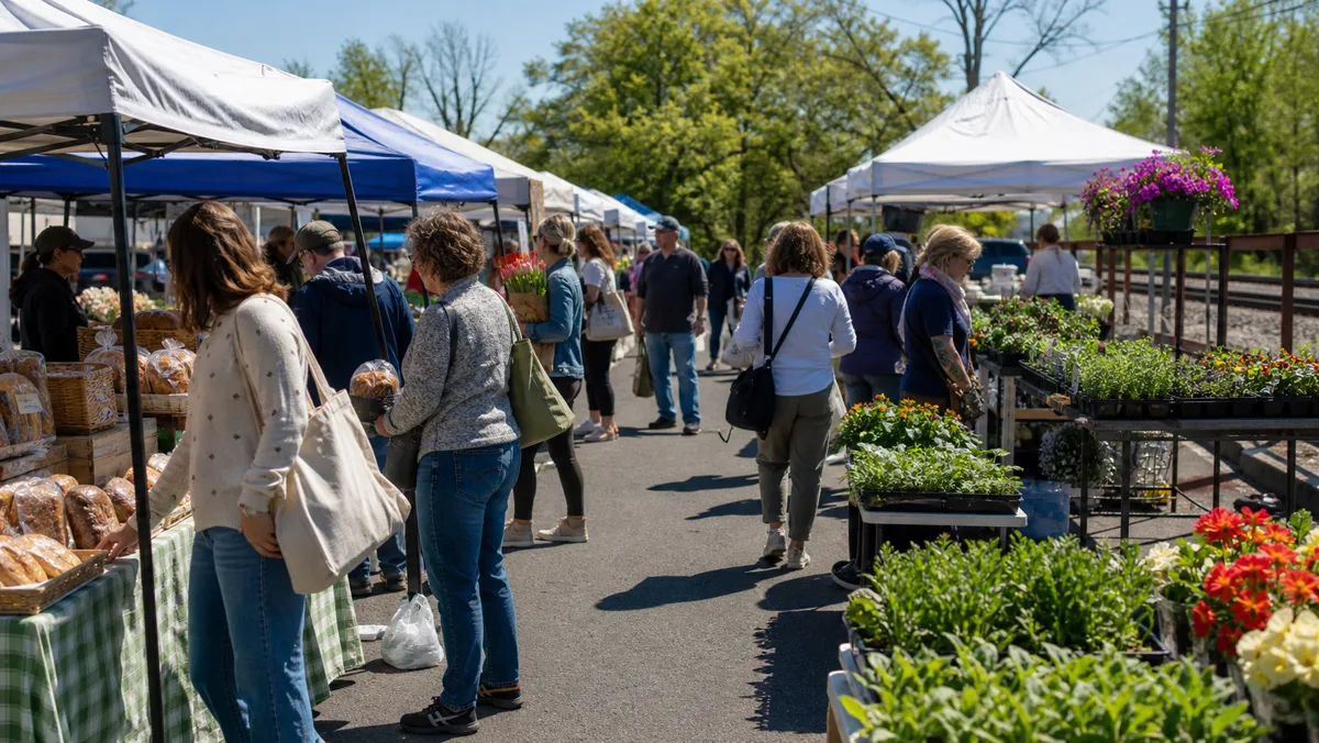 Vendor tables and shoppers at the Quakertown farmers market.