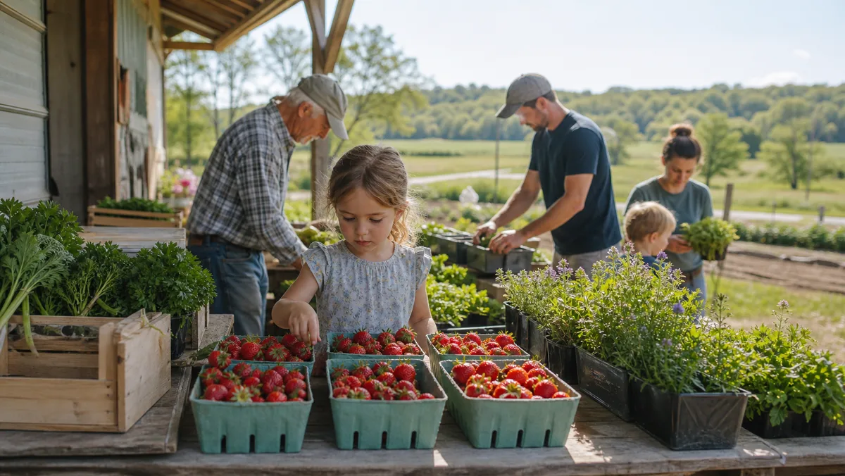 Crates of spring produce at a Solebury family farm stand.