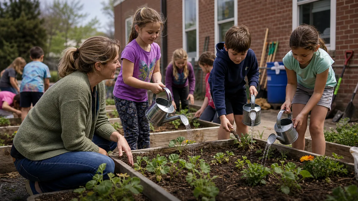 A teacher helping children water seedlings in a school garden.