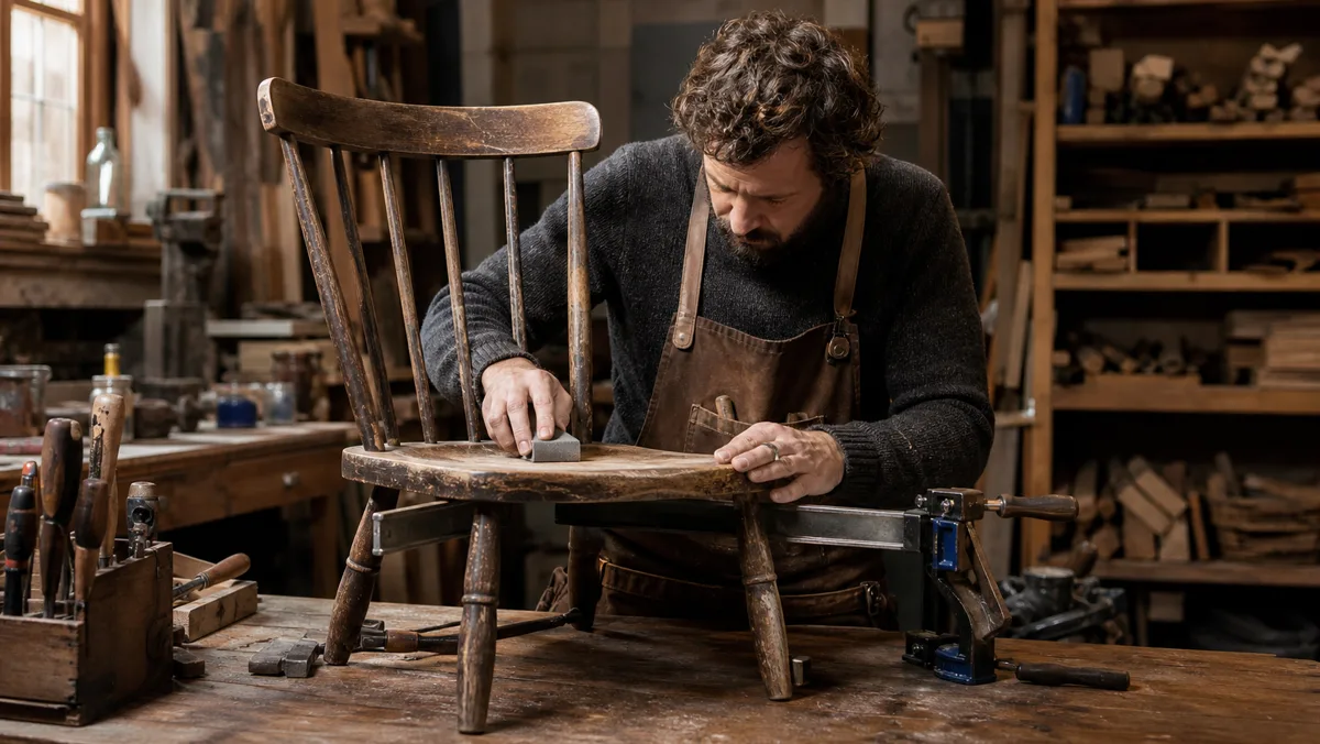 A Bucks County craftsperson restoring a wooden chair in a workshop.